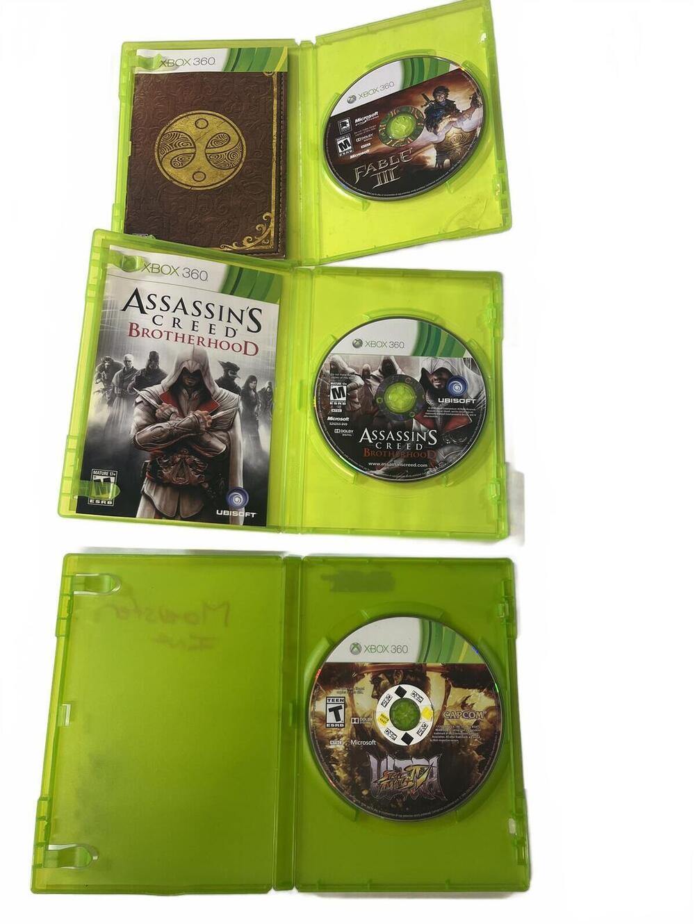 Xbox 360 Games 3 Disc Lot- Fable III Assassin's Creed Brotherhood Street Fighter